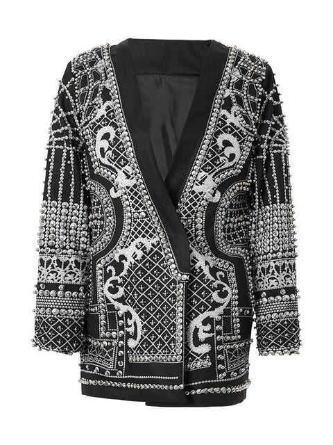 Chaqueta negra con cuentas y perlas plateadas - Black jacket with beads and silver pearls